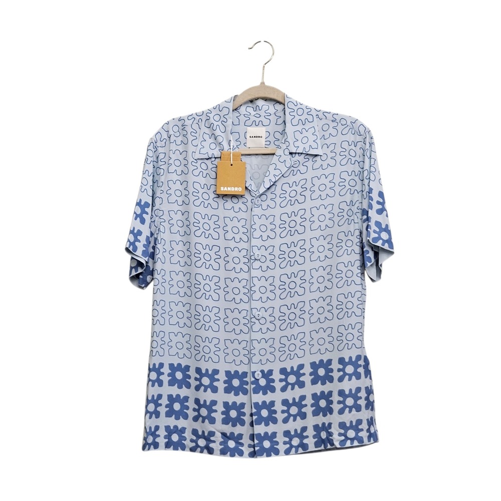 Sandro NWT Vintage Flower Camp Shirt Mens XS Ciel‎ Blue Short Sleeve Button Down